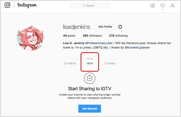 IGTV-fliken på Instagram-profilen.