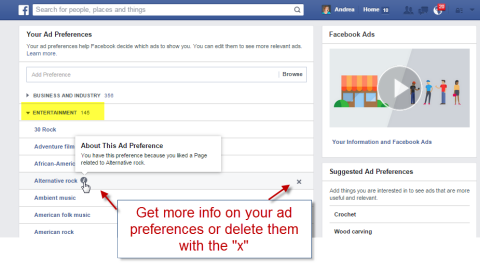 ta bort Facebook-annonsinställningskategorier