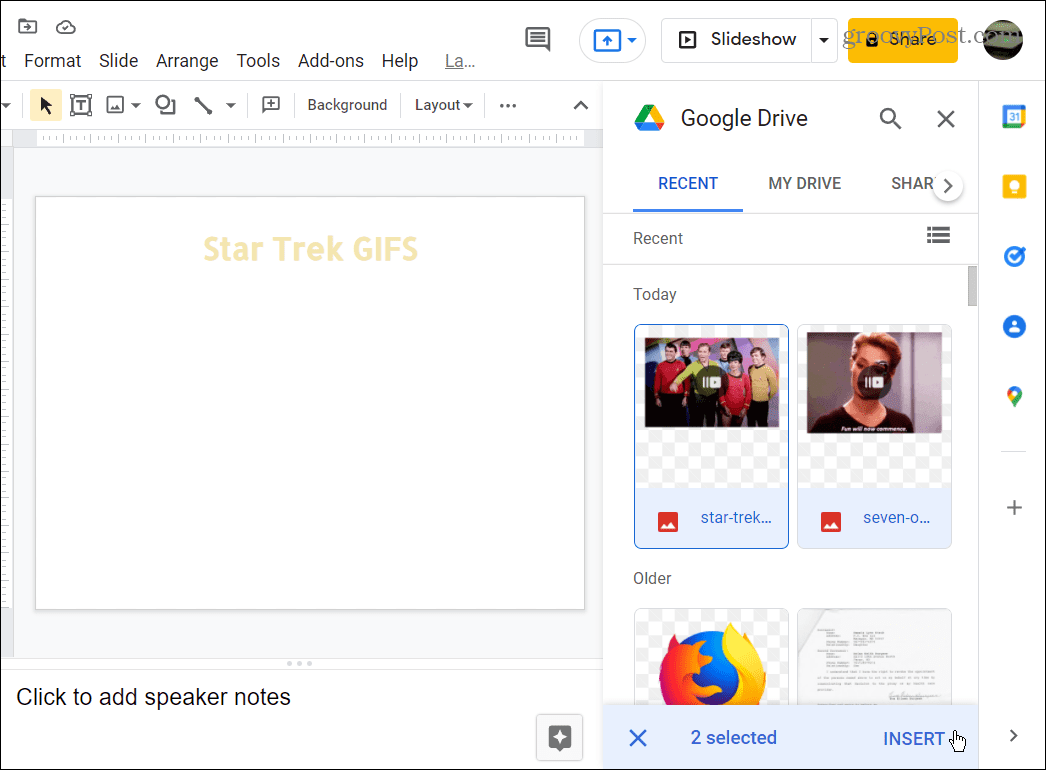 välj GIFS att använda från Google Drive