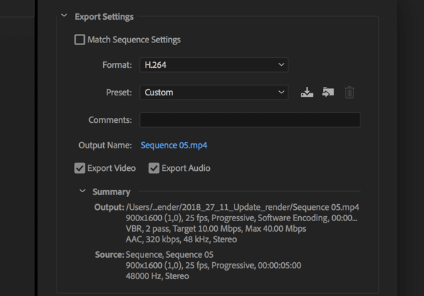Inställning för att exportera din Adobe Premier Pro-video med formatet inställt på H.264.