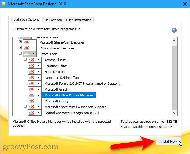 Klicka på Installera nu för att installera Microsoft Office Picture Manager från Sharepoint Designer 2010
