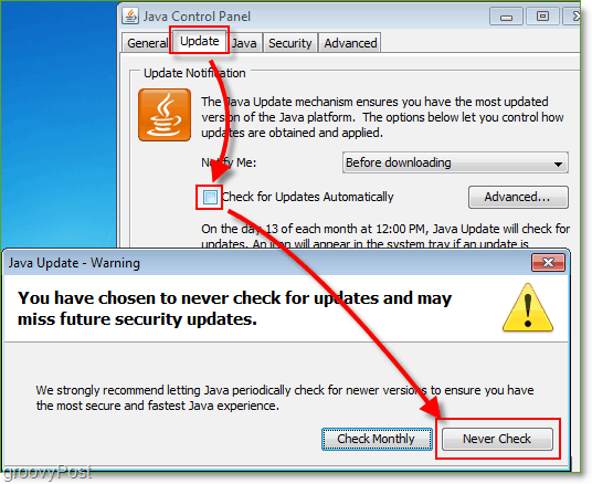 Skärmdump: Windows 7 Inaktivera Java-uppdateringskontroller
