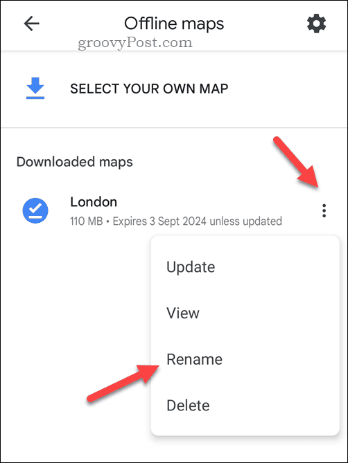 Byt namn på en offlinekarta från Google Maps