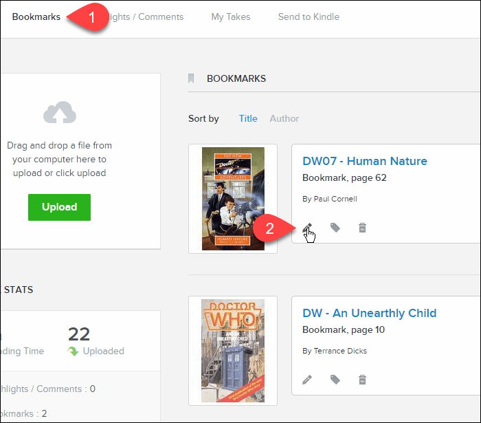 Klicka på Redigera på ett bokmärke i BookFusion-webbgränssnittet