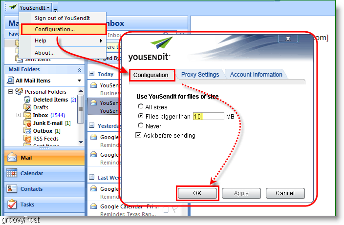 YouSendIt-konfigurationsmenyn