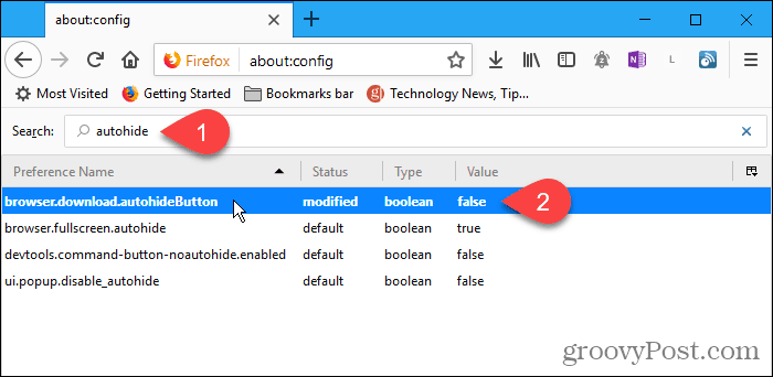 Dubbelklicka på autohideButton-konfigurationsinställning i Firefox