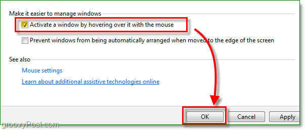 Klicka på kryssrutan bredvid för att aktivera ett fönster genom att sväva över det med musen, allt nytt i Windows 7