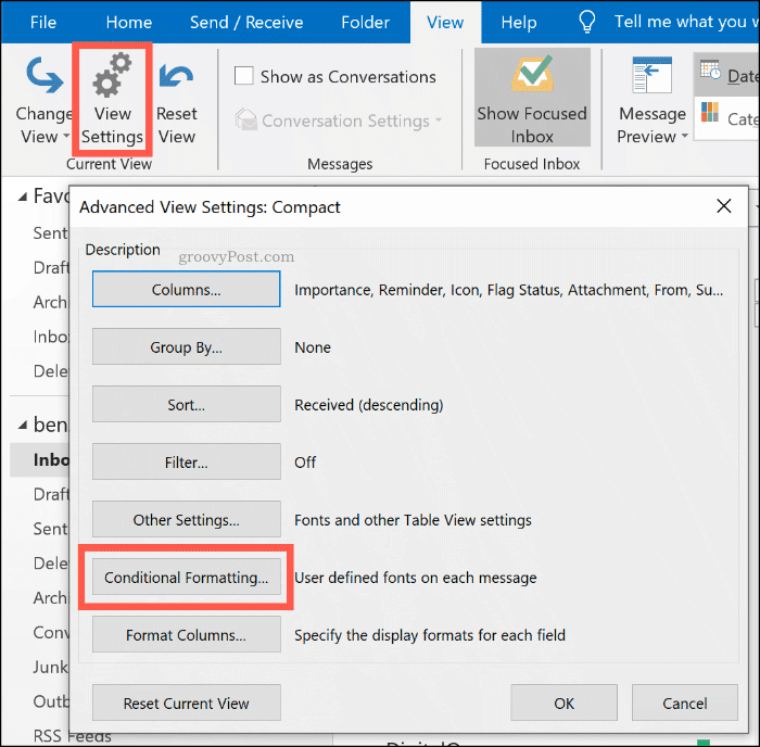 Knappen Alternativ för formateringsalternativ i Microsoft Outlook