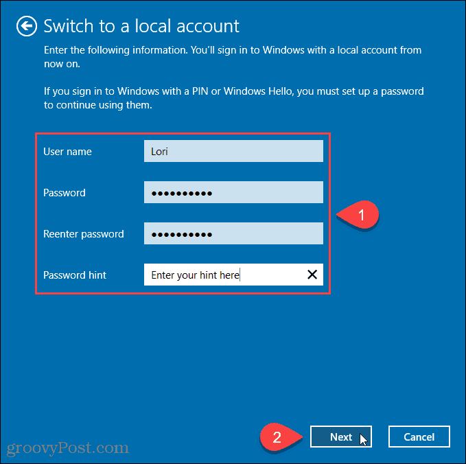 Ange användarnamn och lösenord för nytt lokalt konto