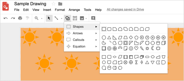 Välj ett formverktyg och rita sedan formen på din Google Drawings-design.