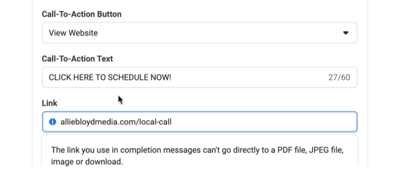Facebook-leadannonser skapar ett nytt alternativ för leadformulär för att ställa in en uppmaningsknapp, text och länk med en exempelknapp för att visa webbplats och text till "klicka här för att schemalägga nu!"