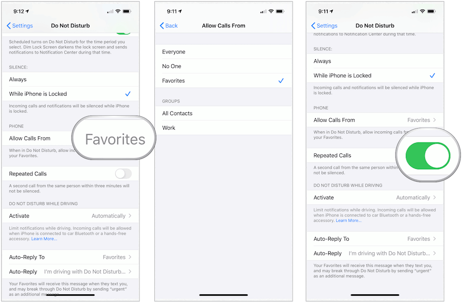 iPhone tillåter samtal från favoriter under Stör ej
