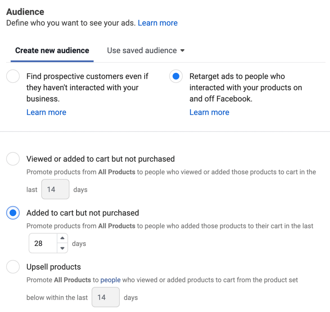 bild av Retarget-annonser till personer som interagerat med dina produkter på och utanför Facebook-alternativet valt i Ads Manager