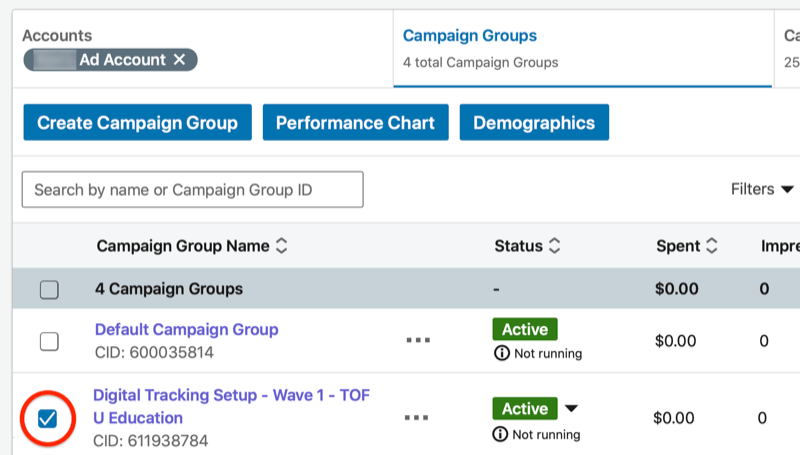 linkedin-kampanjhanterarens instrumentpanel med den nya kampanjgruppen markerad
