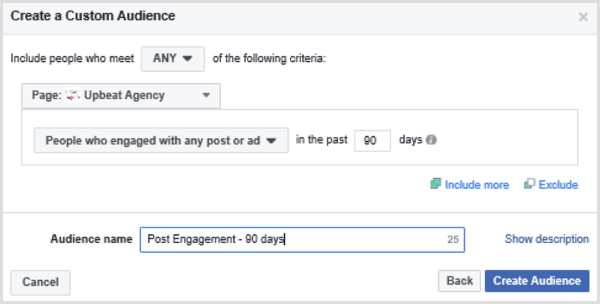 Välj alternativ för att skapa en anpassad publik på Facebook baserat på personer som har engagerat sig med ett inlägg eller annons under de senaste 90 dagarna