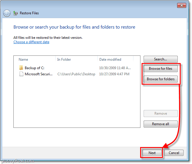 Windows 7 säkerhetskopia - välj vilka filer eller mappar du vill återställa