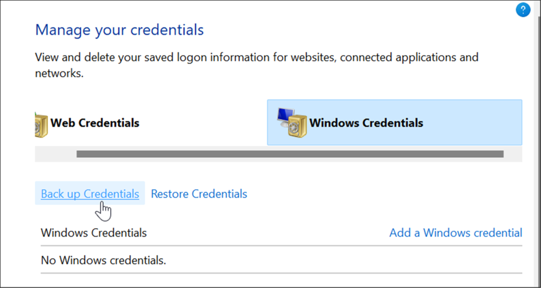 säkerhetskopiering använder credential manager på Windows 11