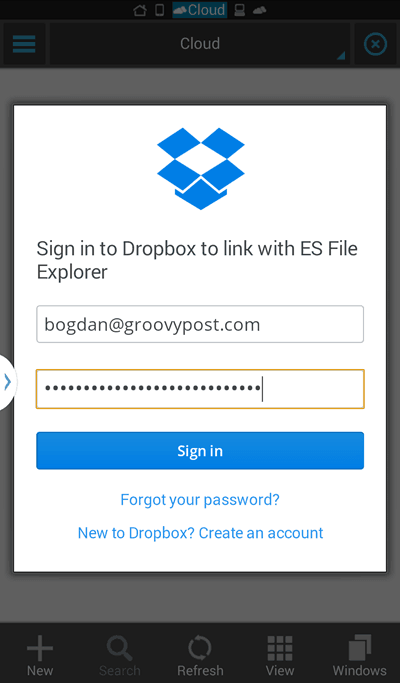 ES File Explorer-inloggning Dropbox