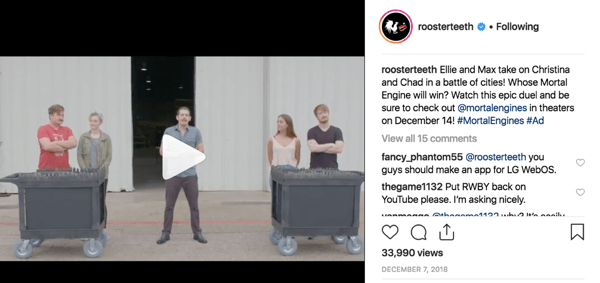 Exempel på Rooster Teeth superfan-engagemang på Instagram.