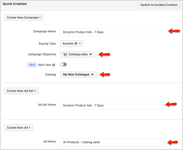 Fönster för snabb skapande i Facebook Ads Manager