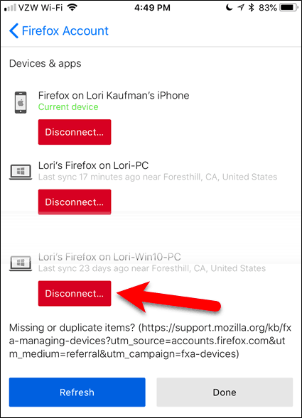 Koppla bort en enhet i Firefox för iOS