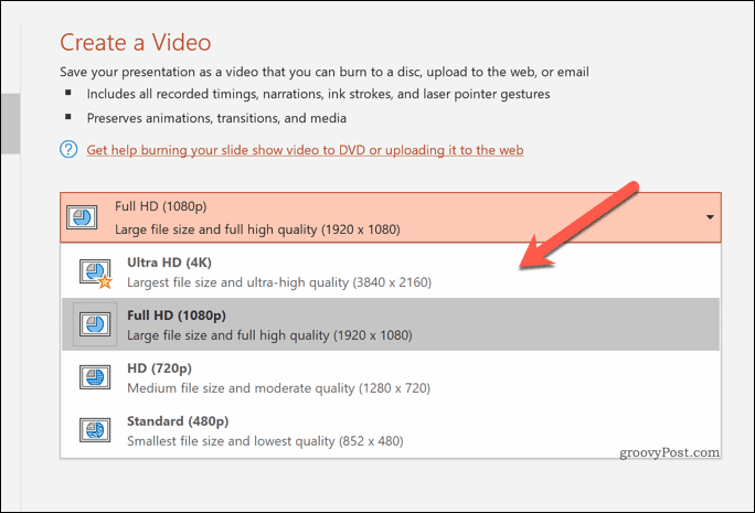 Bestämma kvaliteten på exporterade videor i PowerPoint