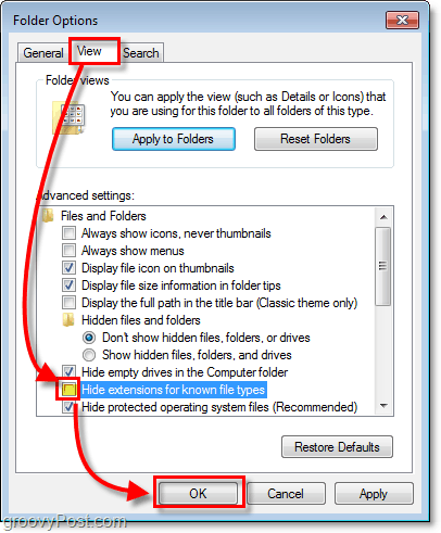 I dialogrutan för mappalternativ i Windows 7 klickar du på fliken Visa och avmarkerar sedan döljtillägg för kända filtyper