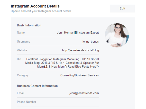 Du kan redigera några Instagram-kontouppgifter från dina Facebook-sidinställningar.