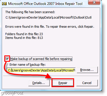 Skärmdump - Outlook 2007 ScanPST Repair Menu