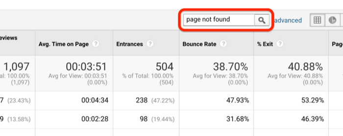 google analytics menyalternativ för att söka efter frasen "meu hittades inte" för att identifiera 404 felsidor