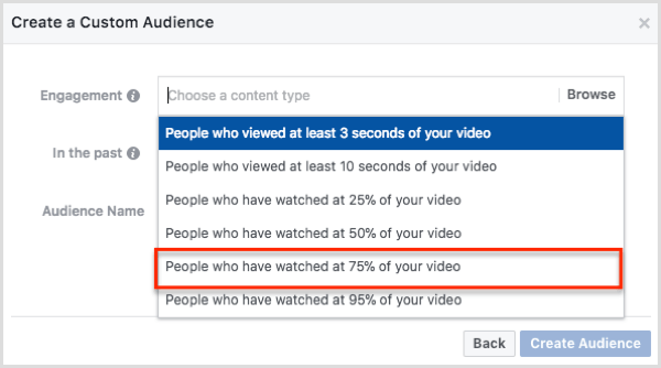 Välj personer som har sett 75% av din video i dialogrutan Skapa en anpassad publik.