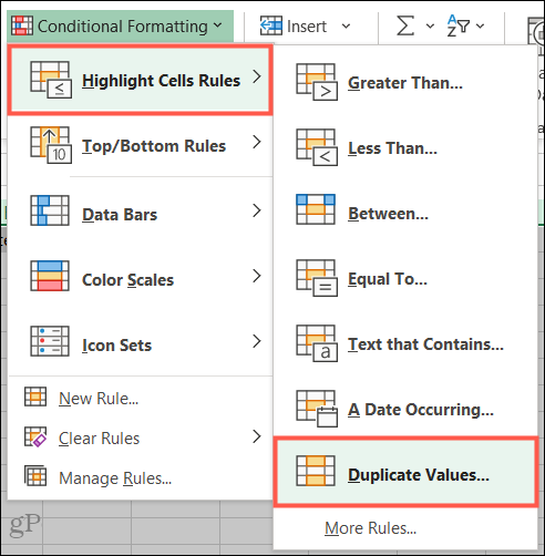 Markera cellregler, duplicera värden i Excel