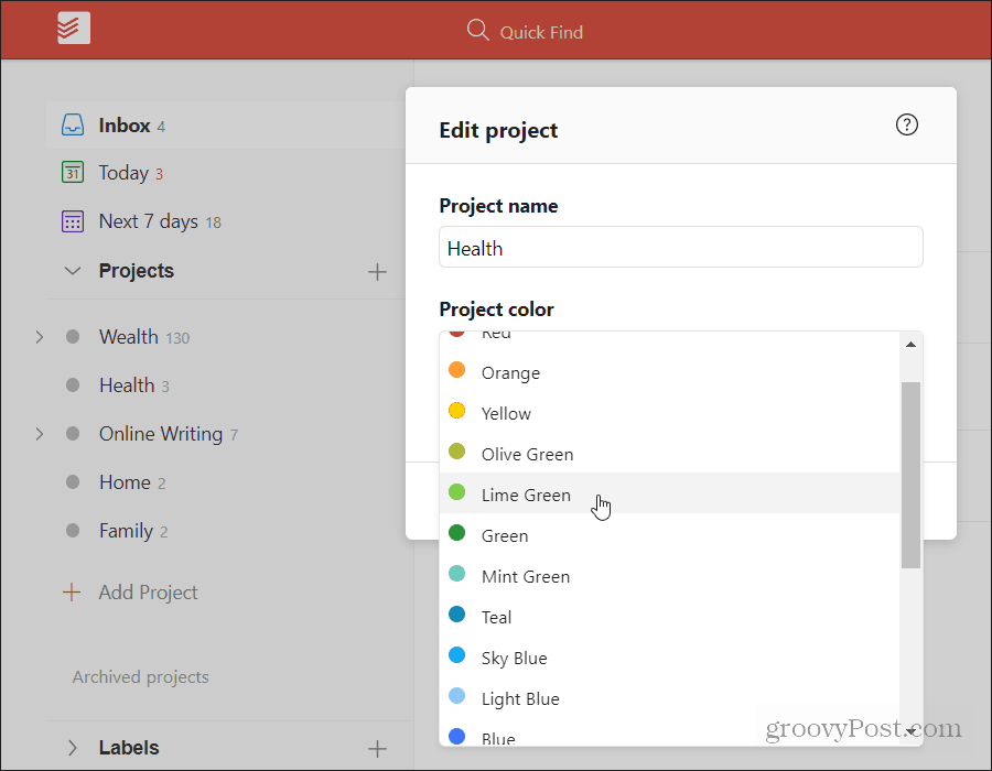 välja projektfärg i todoist