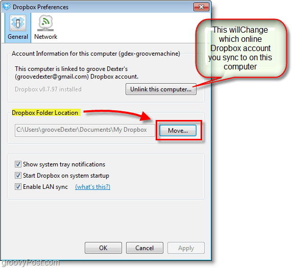 Dropbox-skärmdump - ändra dropbox-standardplats eller ändra / ta bort dropbox-konton