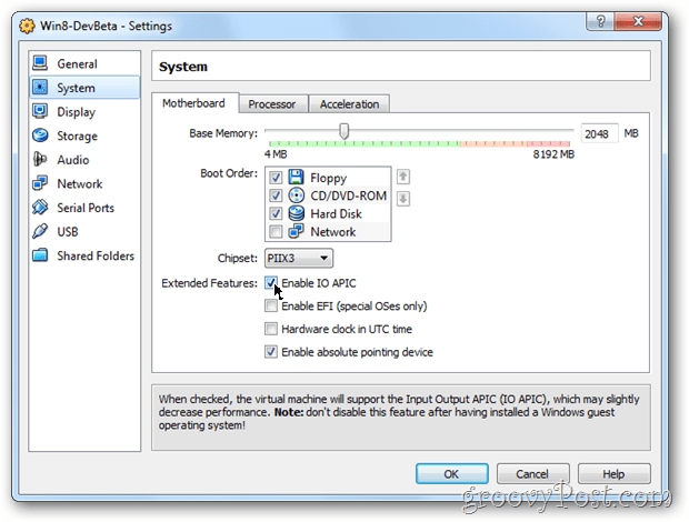VirtualBox-systemets moderkortkonfigurering möjliggör io apic windows 8