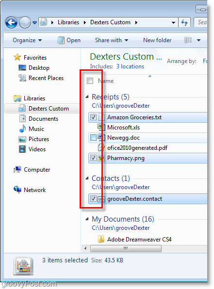 Windows 7 skärmdump - använd kryssrutor för att välja dina objekt, groovy!