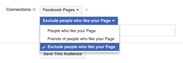Facebook-inriktningsalternativ för att utesluta personer som redan gillar en sida