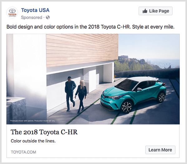 Facebook-engagemangsannons från Toyota har turkos Toyota C-HR och har en Läs mer-knapp.