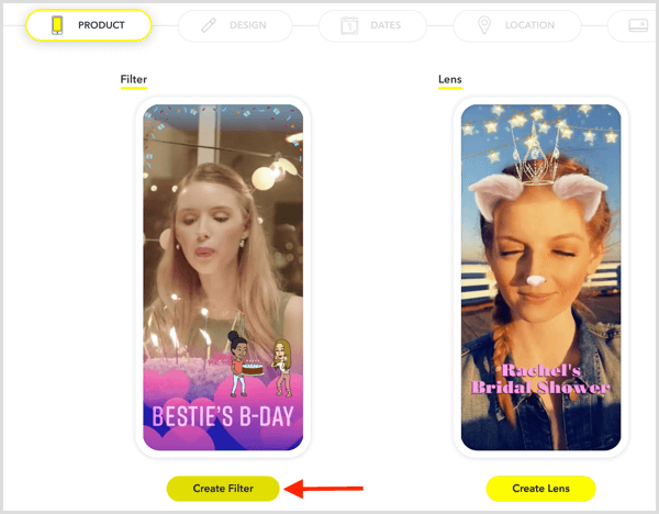 Klicka på Skapa filter för att ställa in ett Snapchat-geofilter för ditt evenemang.