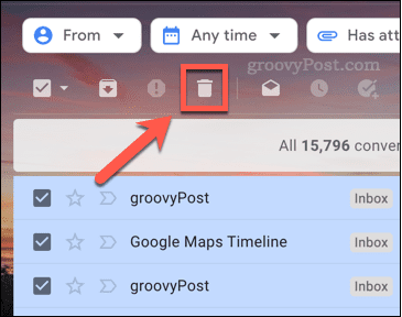 Ikonen för att radera e-postmeddelanden i Gmail