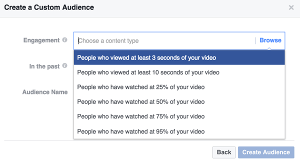 Välj engagemangskriterier för din Facebook-anpassade videopublik.