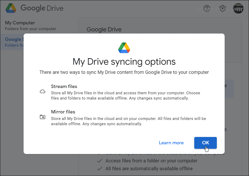 Google Drive Sync-inställningar