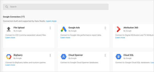 Importera tre typer av kontakter till Google Data Studio: Google Connectors, Partner Connectors och Open Source Connectors.