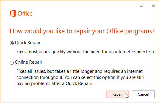 Office 365 online-reparation