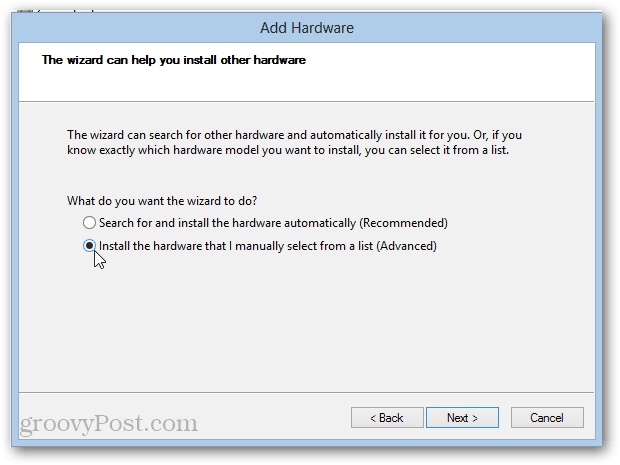 avancerad lägg till hårdvara i Windows 8 (installation av loopbackadapter)