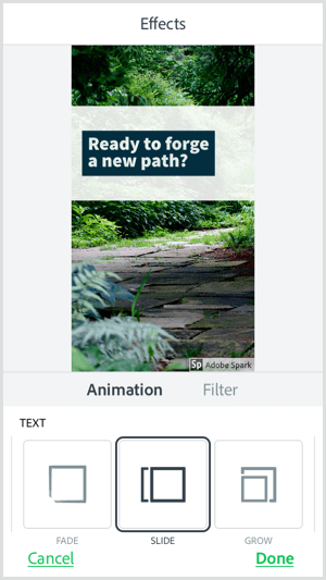Välj ett textanimeringsalternativ med mobilappen Adobe Spark Post.