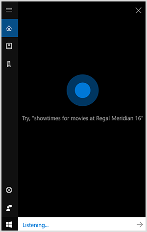 Cortana, Windows konversationsgränssnitt, är en svart vertikal ruta med en blå prick i mitten. Ett vitt fält längst ner indikerar att en Windows-enhet lyssnar.