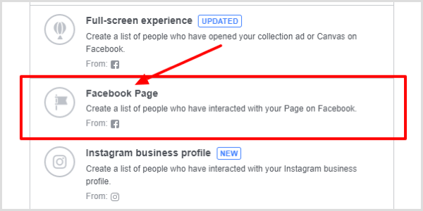 Välj Facebook-sida som typ av engagemang.