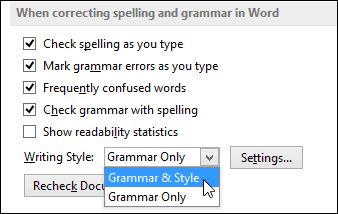 Word 2013 konfigurera grammatik och stil dropdown