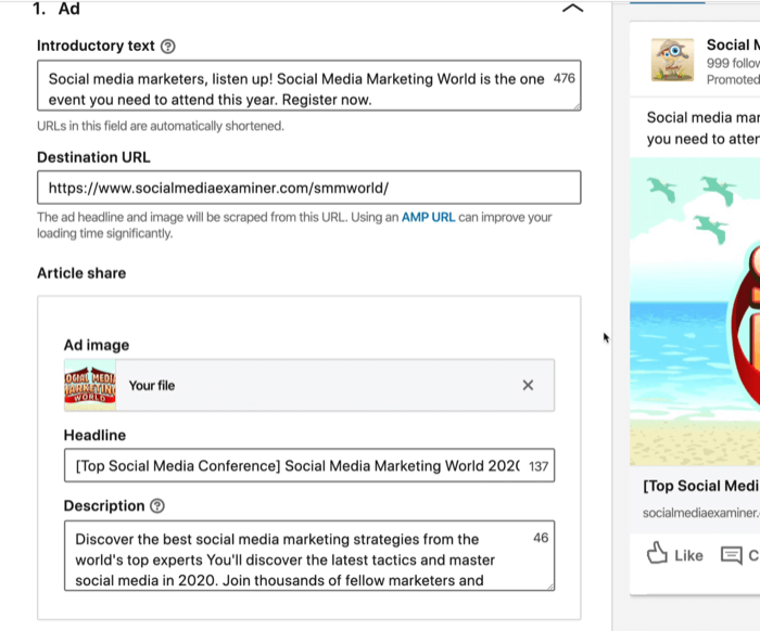 skärmdump av inledande text, destinations-URL, rubrik och beskrivningsfält för LinkedIn-annons